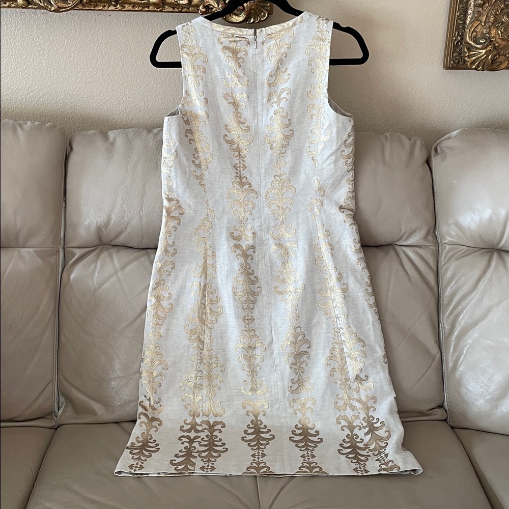 $450 Tory Burch Maggie Gold Brocade Sleeveless Shift Dress - Picture 5 of 9